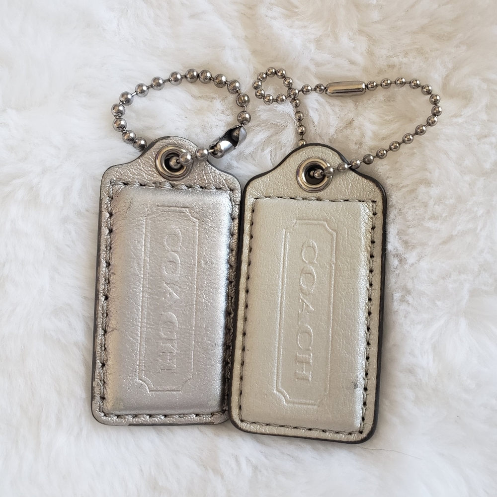 2 Coach 2.5" silver and off white cream leather tag charm